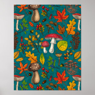 Autumn mushrooms, leaves, nuts and berries on blue poster