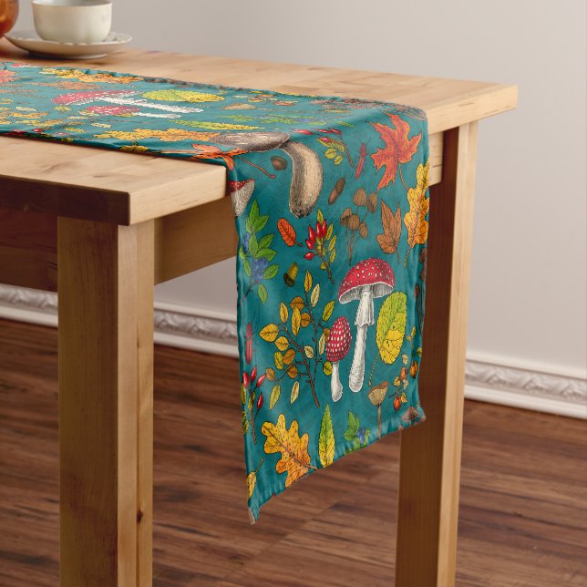 Autumn mushrooms, leaves, nuts and berries on blue short table runner (In Situ)
