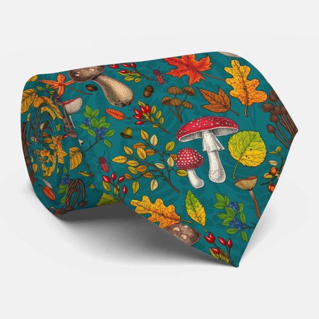 Autumn mushrooms, leaves, nuts and berries on blue tie (Rolled)