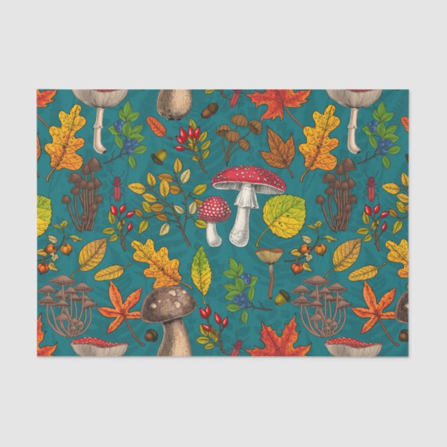 Autumn mushrooms, leaves, nuts and berries on blue tissue paper (Front)