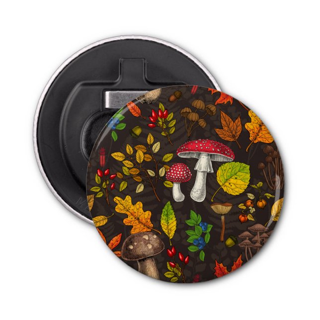 Autumn mushrooms, leaves, nuts and berries on dark bottle opener (Front)