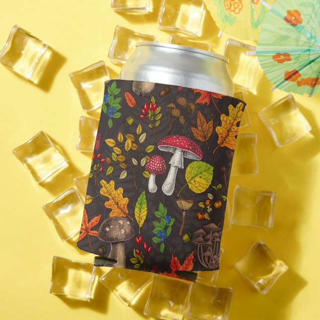 Autumn mushrooms, leaves, nuts and berries on dark can cooler (In Situ Summer)