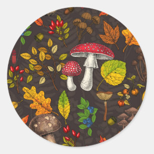Autumn mushrooms, leaves, nuts and berries on dark classic round sticker