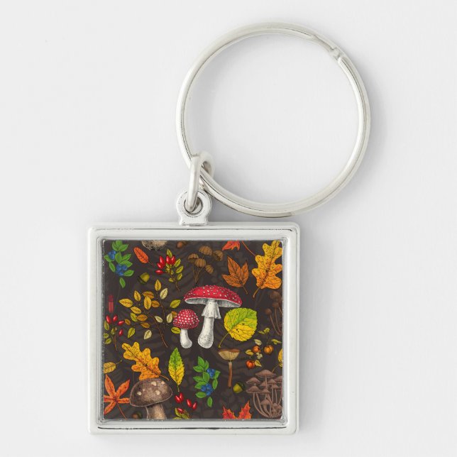 Autumn mushrooms, leaves, nuts and berries on dark keychain (Front)