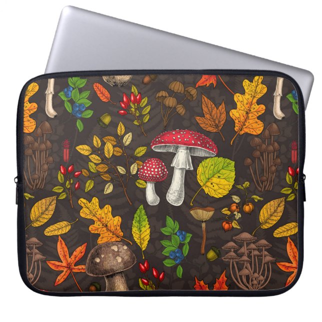 Autumn mushrooms, leaves, nuts and berries on dark laptop sleeve (Front)