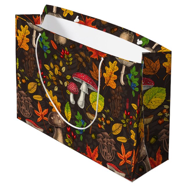 Autumn mushrooms, leaves, nuts and berries on dark large gift bag (Back Angled)