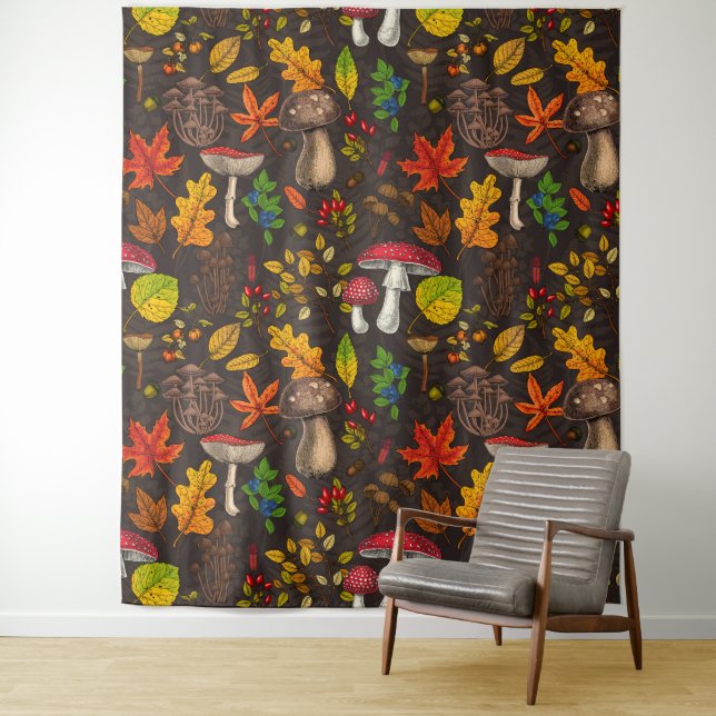 Autumn mushrooms, leaves, nuts and berries on dark tapestry (In Situ)