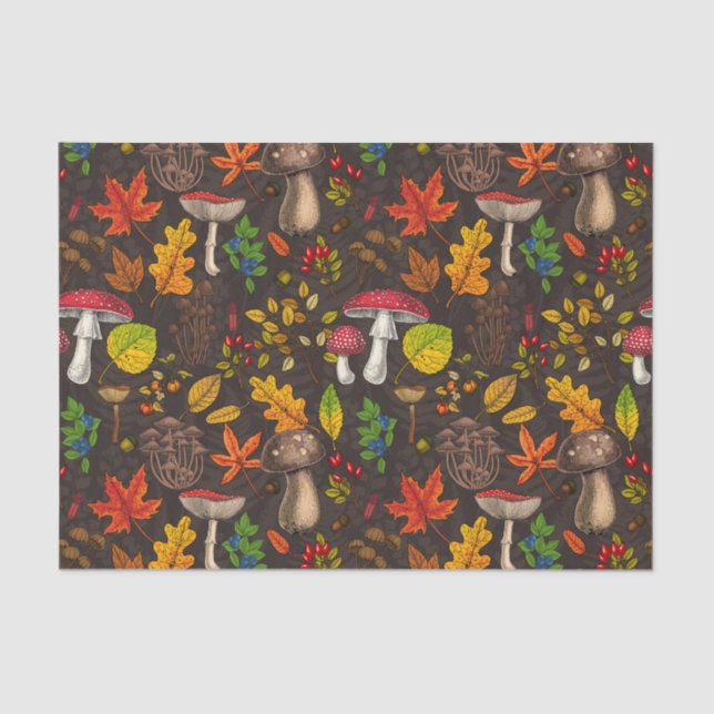Autumn mushrooms, leaves, nuts and berries on dark tissue paper (Front)