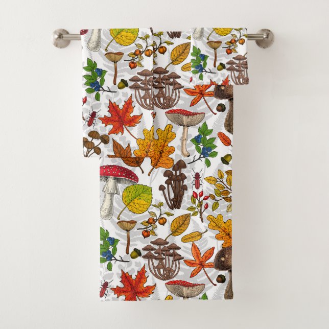 Autumn mushrooms, leaves, nuts and berries on whit bath towel set (Insitu)