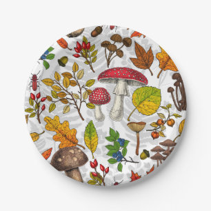 Autumn mushrooms, leaves, nuts and berries on whit paper plate