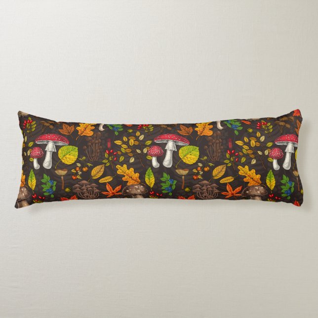 Autumn mushrooms,nuts and berries on dark body pillow (Front)