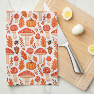 Autumn Mushrooms Pumpkins Woodland Pattern Kitchen Towel