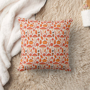 Autumn Mushrooms Pumpkins Woodland Pattern Throw Pillow