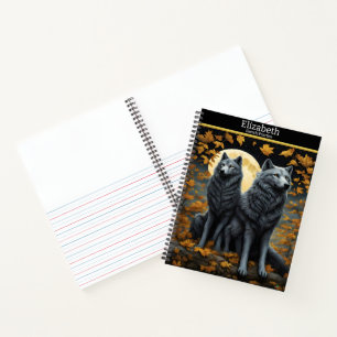 Autumn night, wolves howl at the moon notebook