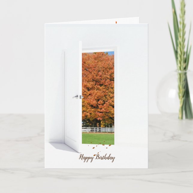 Autumn Oak in open door birthday Card (Front)
