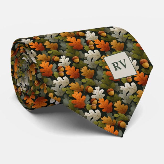 Autumn Oak Leaf & Acorn Monogrammed Fall Tie (Rolled)