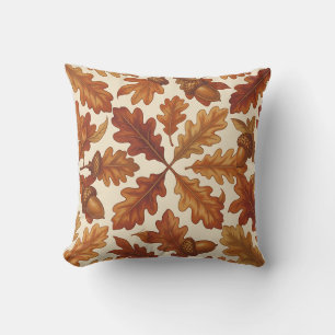 Autumn Oak Leaves Acorns Brown Seamless Fall Throw Pillow