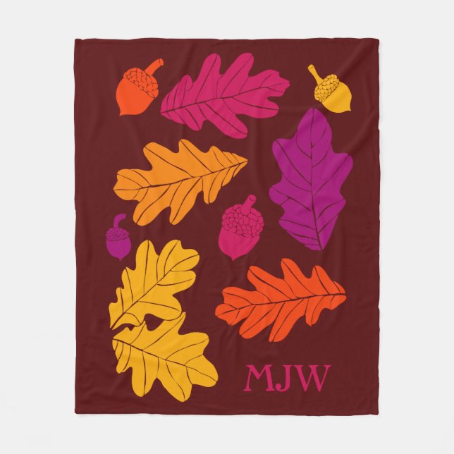 Autumn Oak Leaves and Acorns Monogrammed Fleece Blanket (Front)