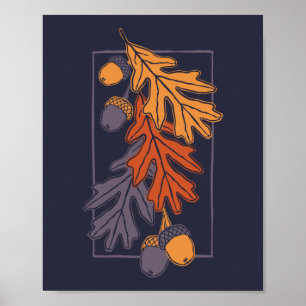 Autumn oak leaves and acorns pattern (dark) poster