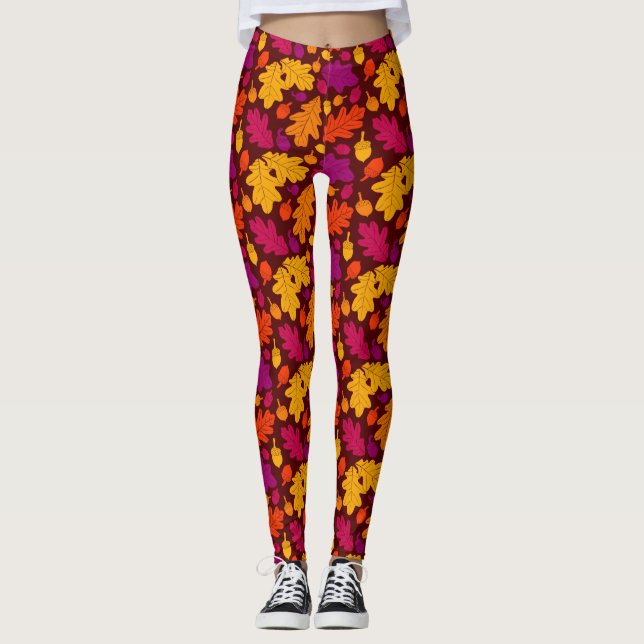 Autumn Oak Leaves and Acorns Patterned Leggings (Front)