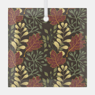 Autumn Oak Leaves Pattern in Maroon and Yellow Glass Ornament