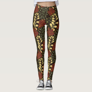 Autumn Oak Leaves Pattern in Maroon and Yellow Leggings