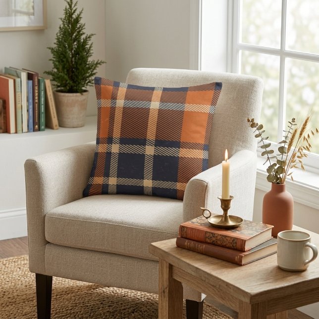 Autumn Orange and Blue Plaid Throw Pillow (Autumn Orange and Blue Plaid Throw Pillow)