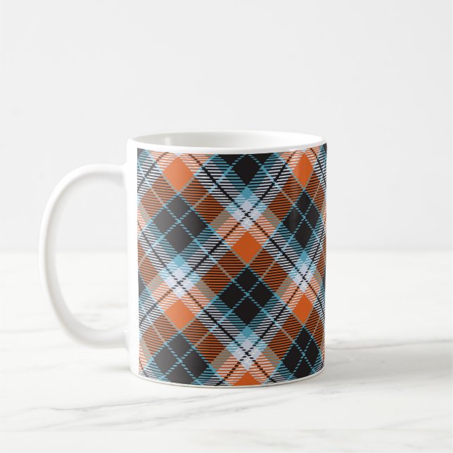 Autumn Orange Blue Plaid Pattern Coffee Mug (Left)