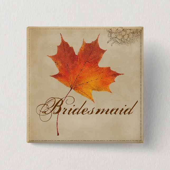 Autumn Orange Fall in Love Leaves bridesmaid 2 Inch Square Button (Front)