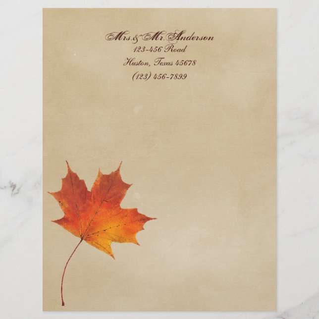 Autumn Orange Fall in Love Leaves Wedding Letterhead (Front)