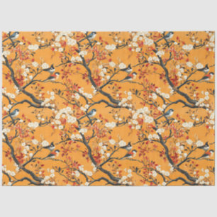 Autumn Orange Floral Birds Chinoiserie Tissue Paper