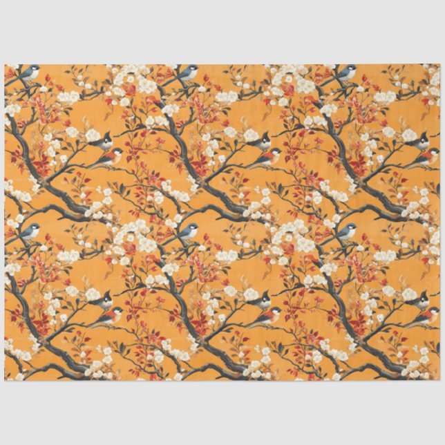 Autumn Orange Floral Birds Chinoiserie Tissue Paper (Front)