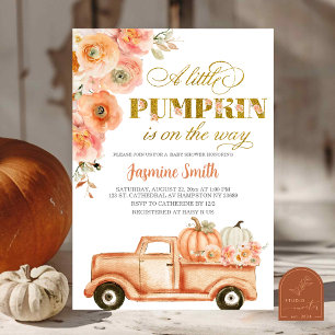 Autumn Orange Floral Pumpkin Truck Baby Shower Invitation