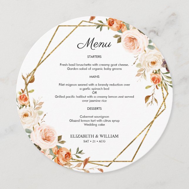 Autumn Orange Gold Floral Round Menu For Plate (Front)