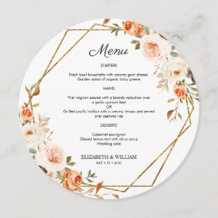 Autumn Orange Gold Floral Round Menu For Plate