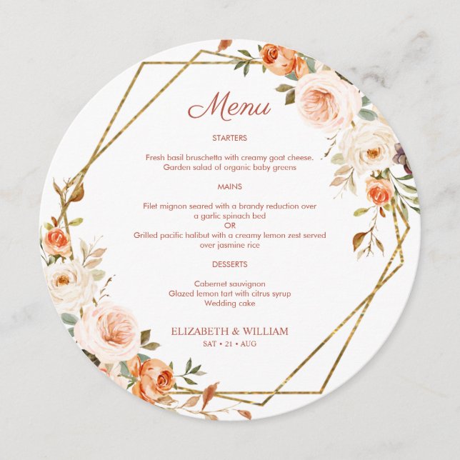 Autumn Orange Gold Floral Round Menu For Plate (Front)
