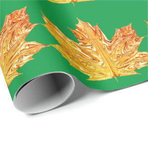 Autumn Orange gold maple leaf fall green pattern Wrapping Paper