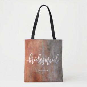 Autumn Orange Grey Watercolor Bridesmaid Monogram Tote Bag