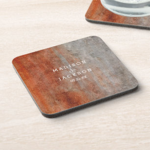Autumn Orange Grey Watercolor Wedding Monogram Coaster