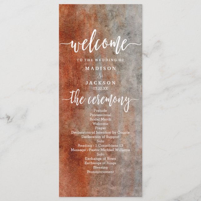 Autumn Orange Grey Watercolor Wedding Program (Front)