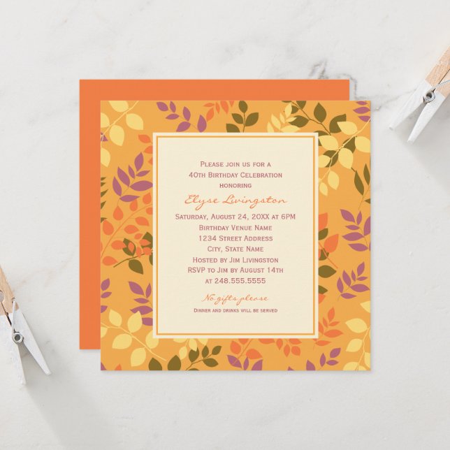 Autumn Orange Leaf Pattern Birthday Invitation (Front/Back In Situ)