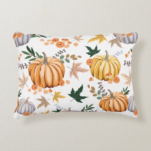 Autumn orange pumpkin and flowers pattern accent pillow (Front)