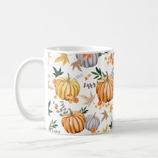 Autumn orange pumpkin and flowers pattern coffee mug (Left)