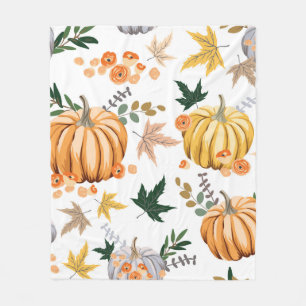 Autumn orange pumpkin and flowers pattern fleece blanket