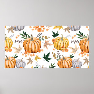 Autumn orange pumpkin and flowers pattern poster
