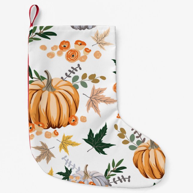 Autumn orange pumpkin and flowers pattern small christmas stocking (Front)