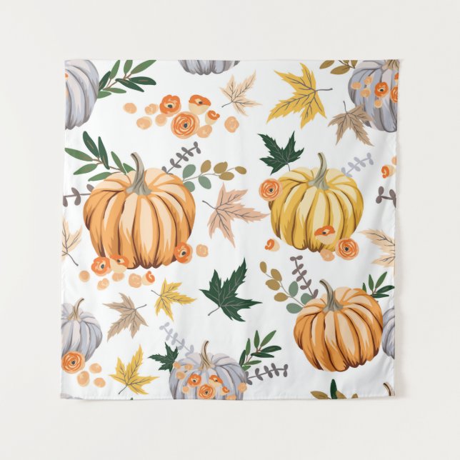 Autumn orange pumpkin and flowers pattern tapestry (Front)