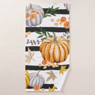 Autumn orange pumpkins, flowers, leaves, striped b bath towel
