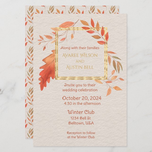 Autumn Orange Yellow Leaves Invitation (Front/Back)