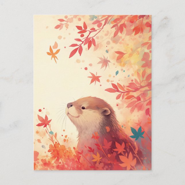 Autumn Otter in Red Maple Leaves Postcard (Front)